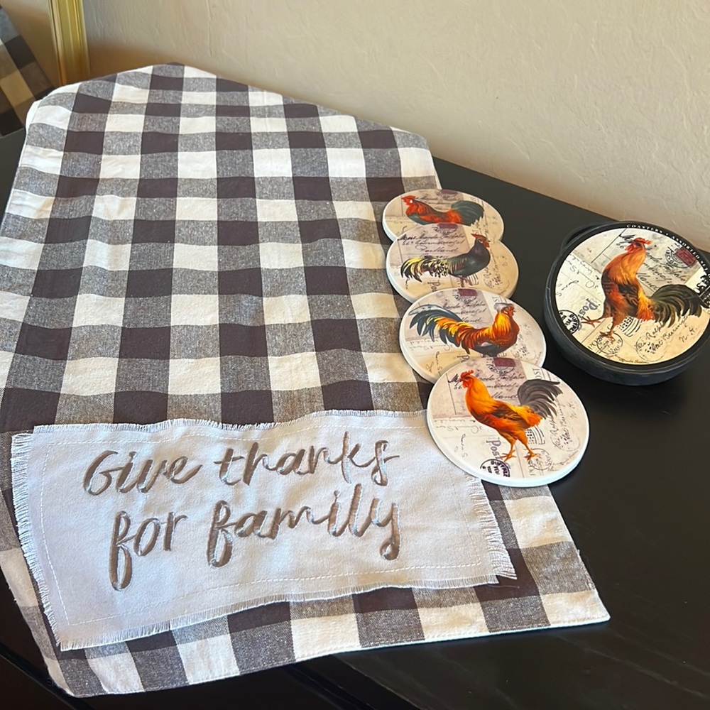 Bundle The Prairie Table runner “Give thanks for family” +ceramic coasters NEW